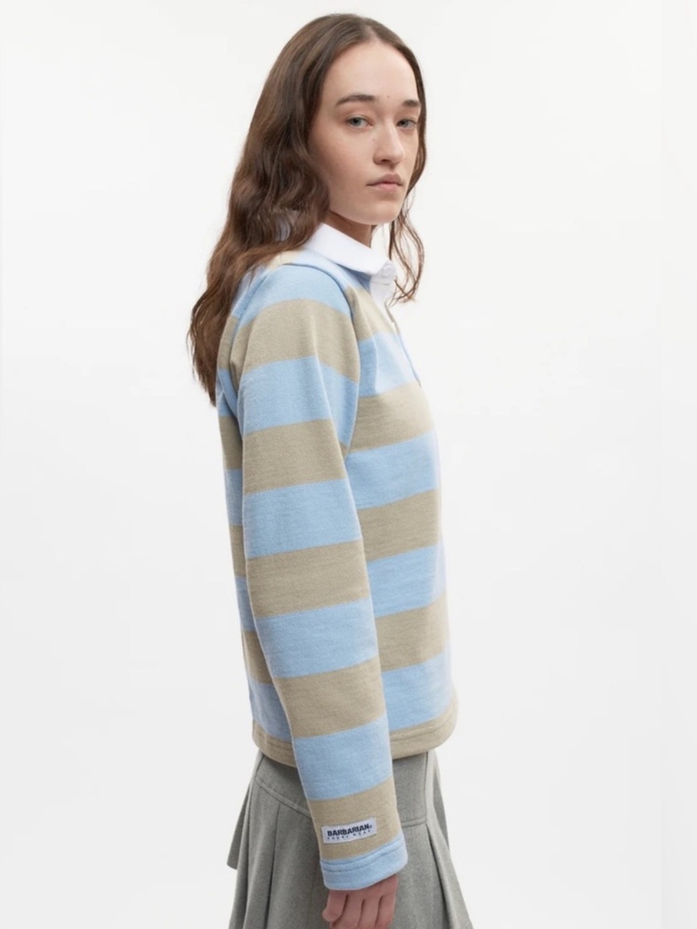 KOTN Shrunken Rugby Shirt - Taupe/Powder Cropped Striped Cotton Longsleeve - Picture 3 of 6